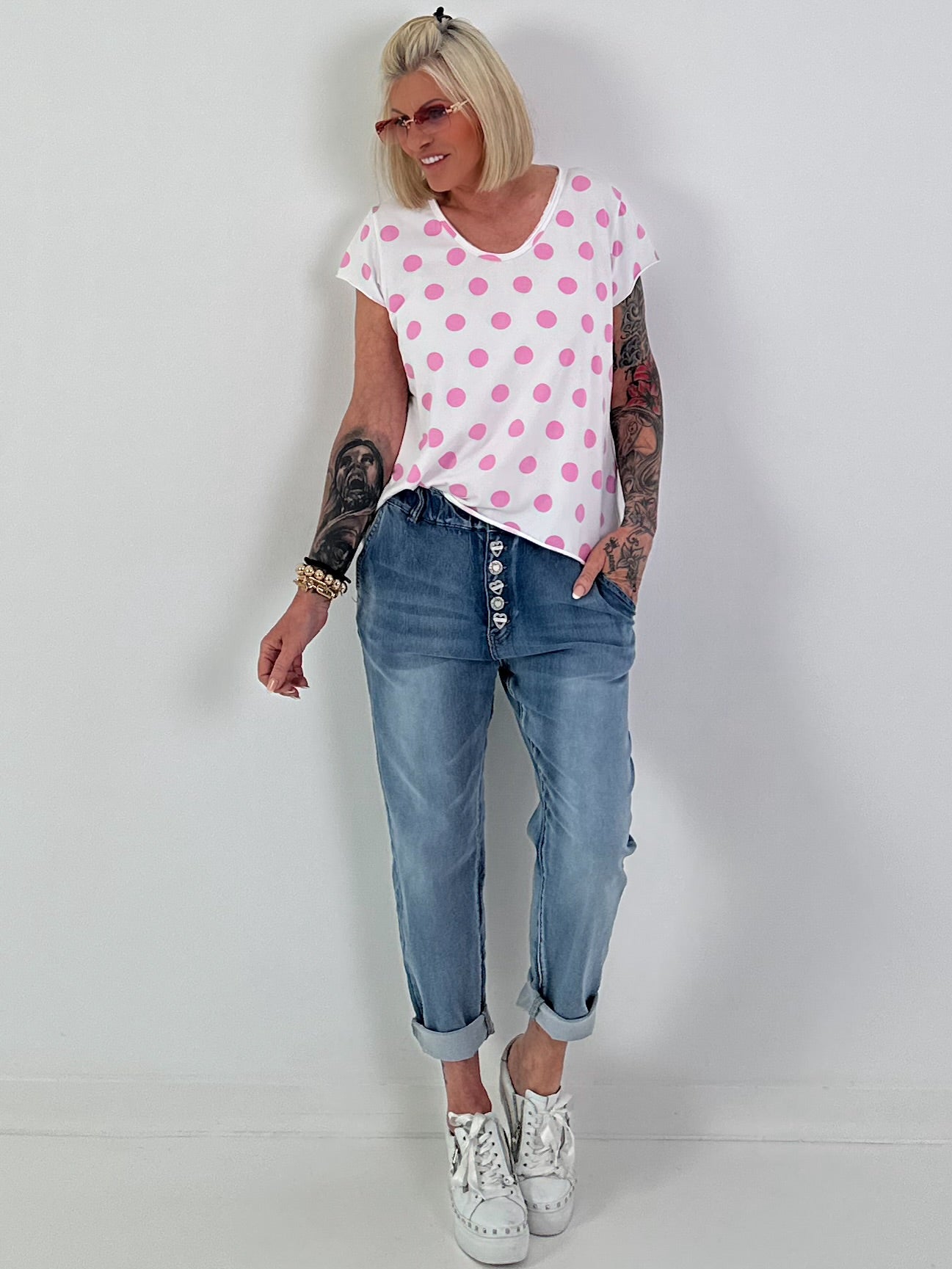 T-Shirt mit Punkten - weiss-rosa