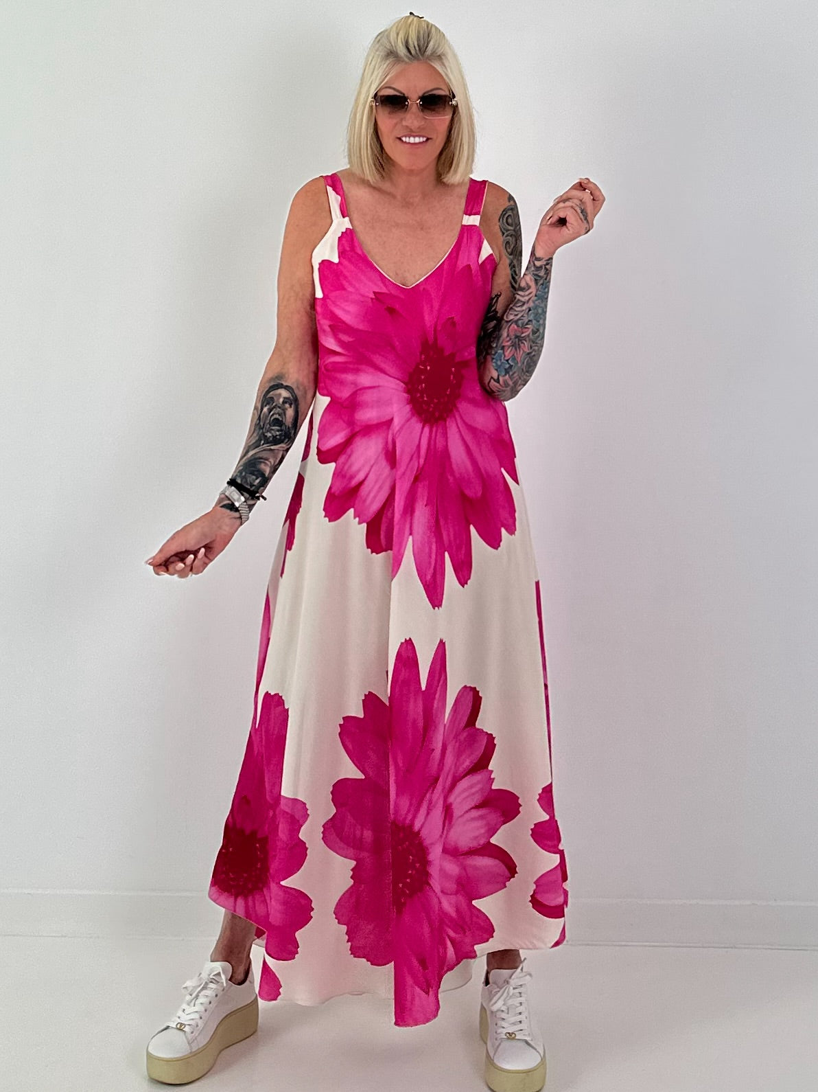Kleid mit floralem Print - creme -pink