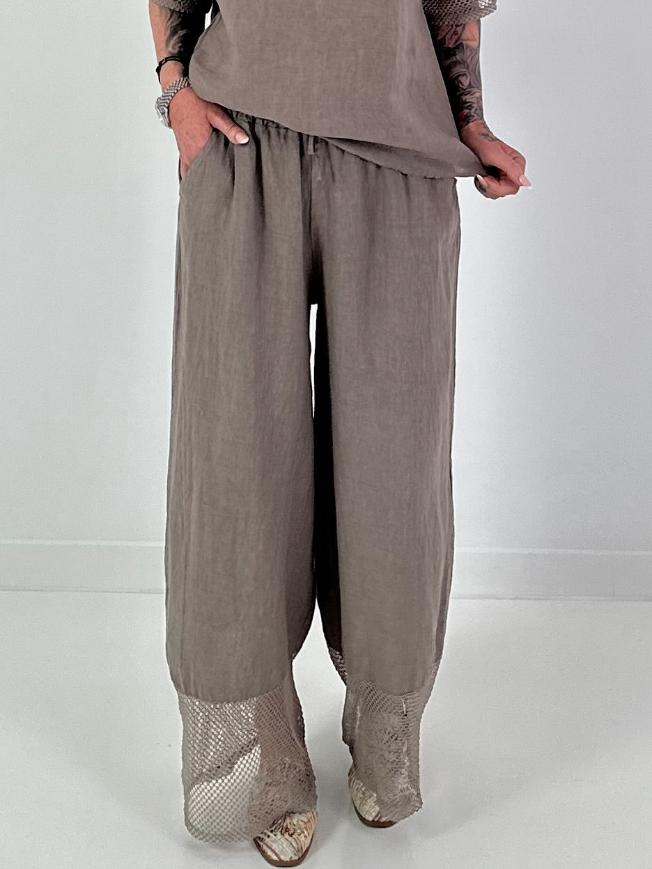 Wide Leg Linen Trousers - Taupe