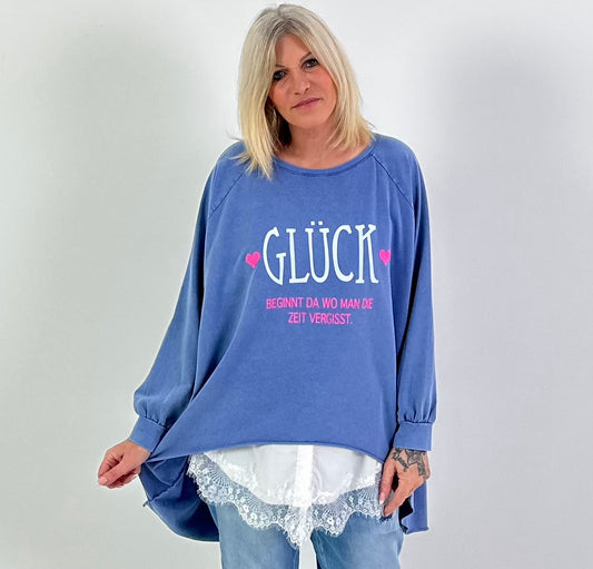 Oversized stonewashed Sweatshirt Modell "Glück..." - jeansblau