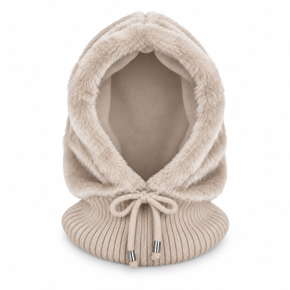 Faux-Fur Balaclava mit Strickkragen - beige