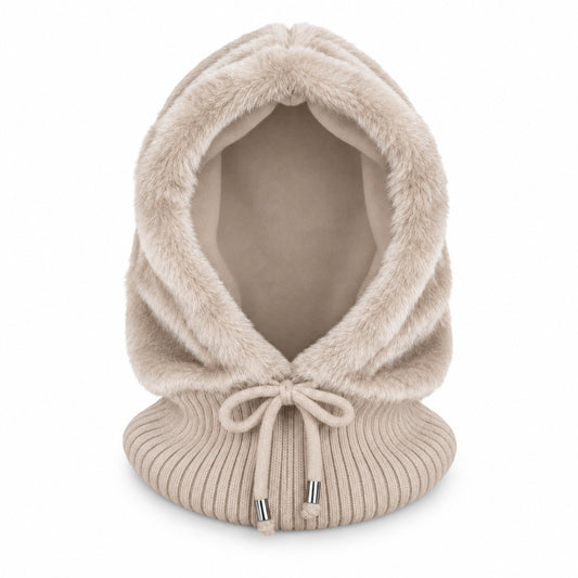 Faux-Fur Balaclava mit Strickkragen - beige
