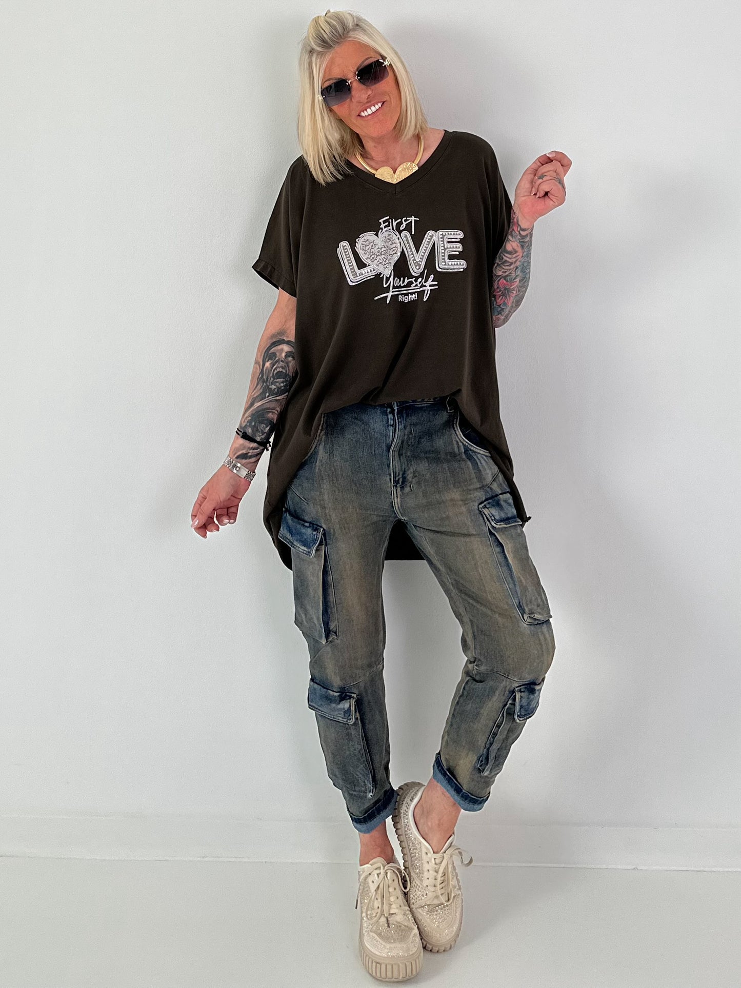 T-Shirt mit Strassdetail - mokka