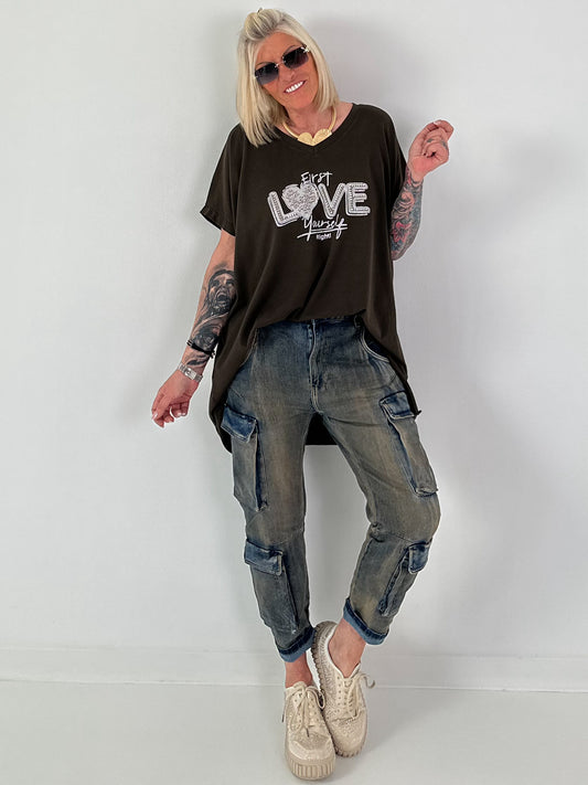T-Shirt mit Strassdetail - mokka