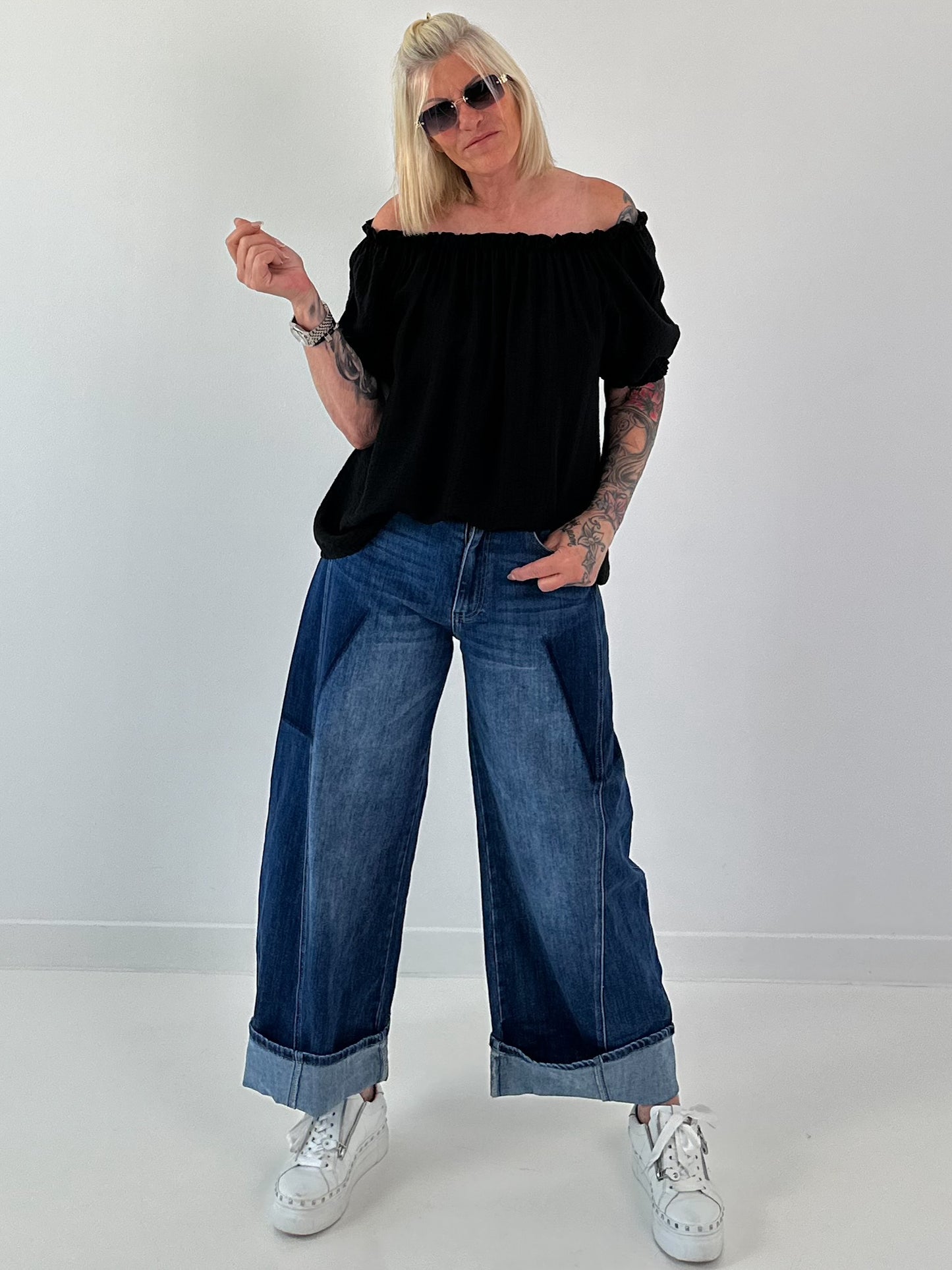 Carmen Tunika mit halben Arm  - schwarz