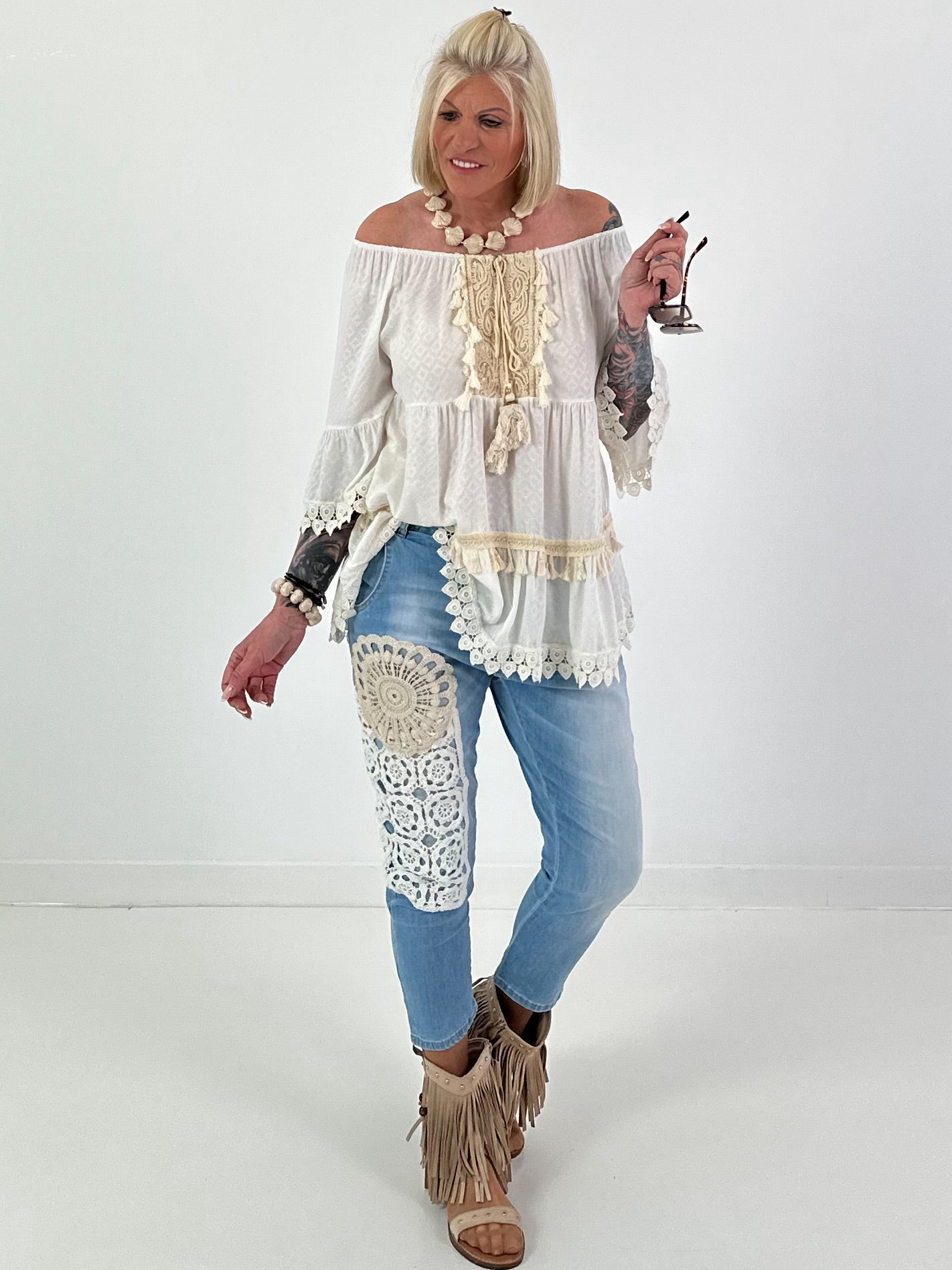 Boho Tunic with Crochet Details - White