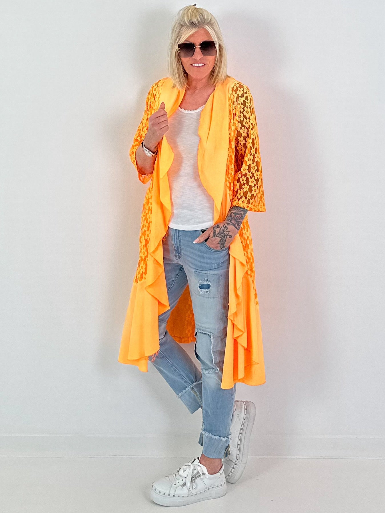 Lace coat in a material mix - neon orange