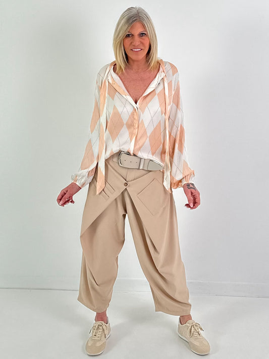 Bluse mit Bindebändern - beige