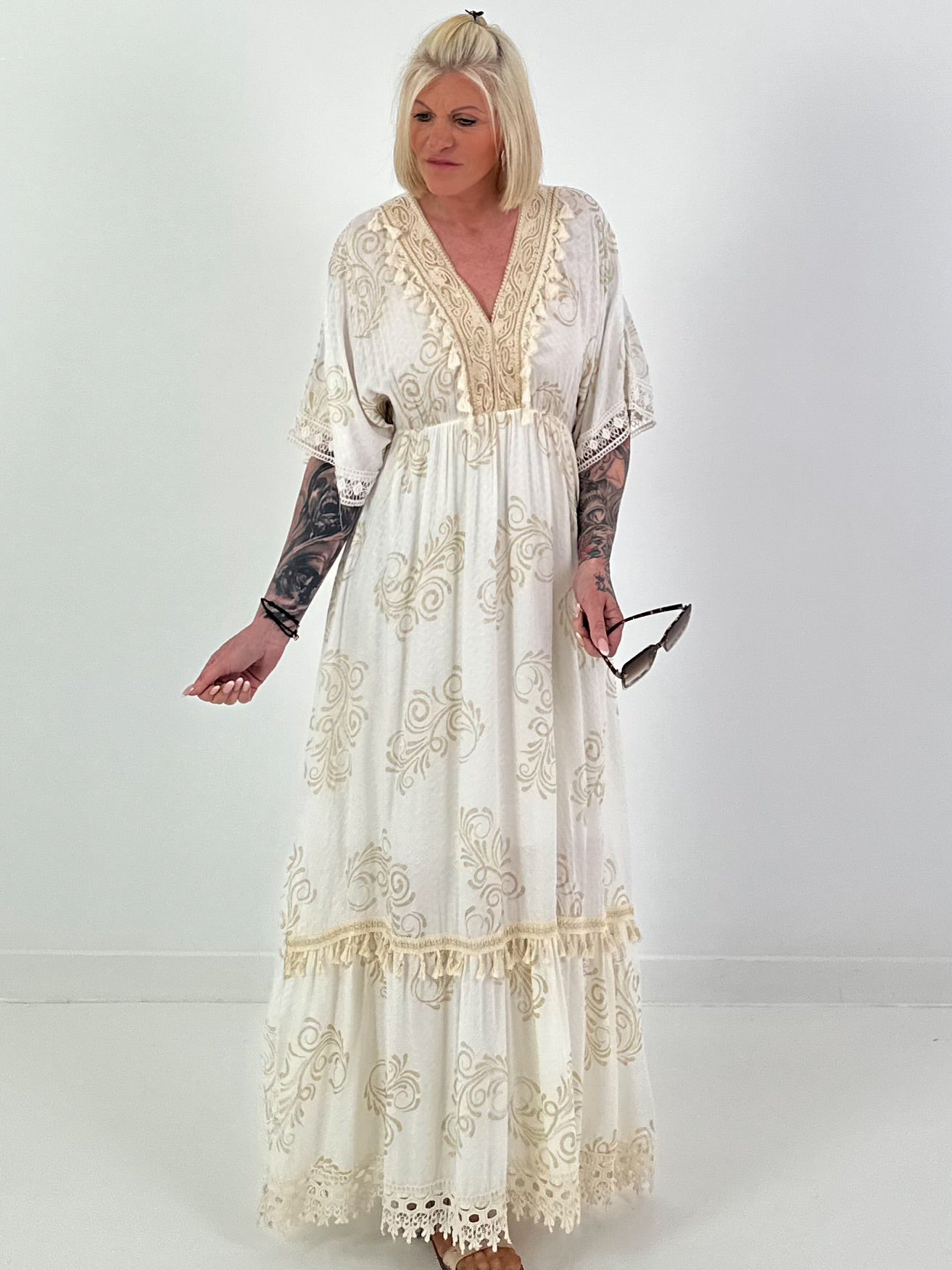 Boho dress with all-over pattern and crochet details - white