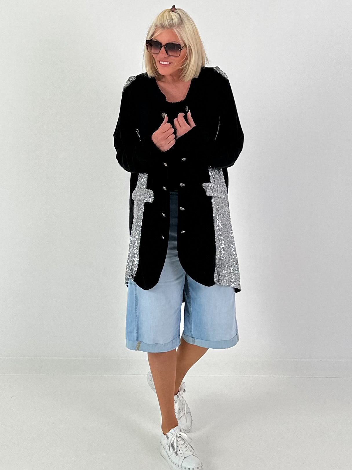 Oversized Linen Military Blazer - Black