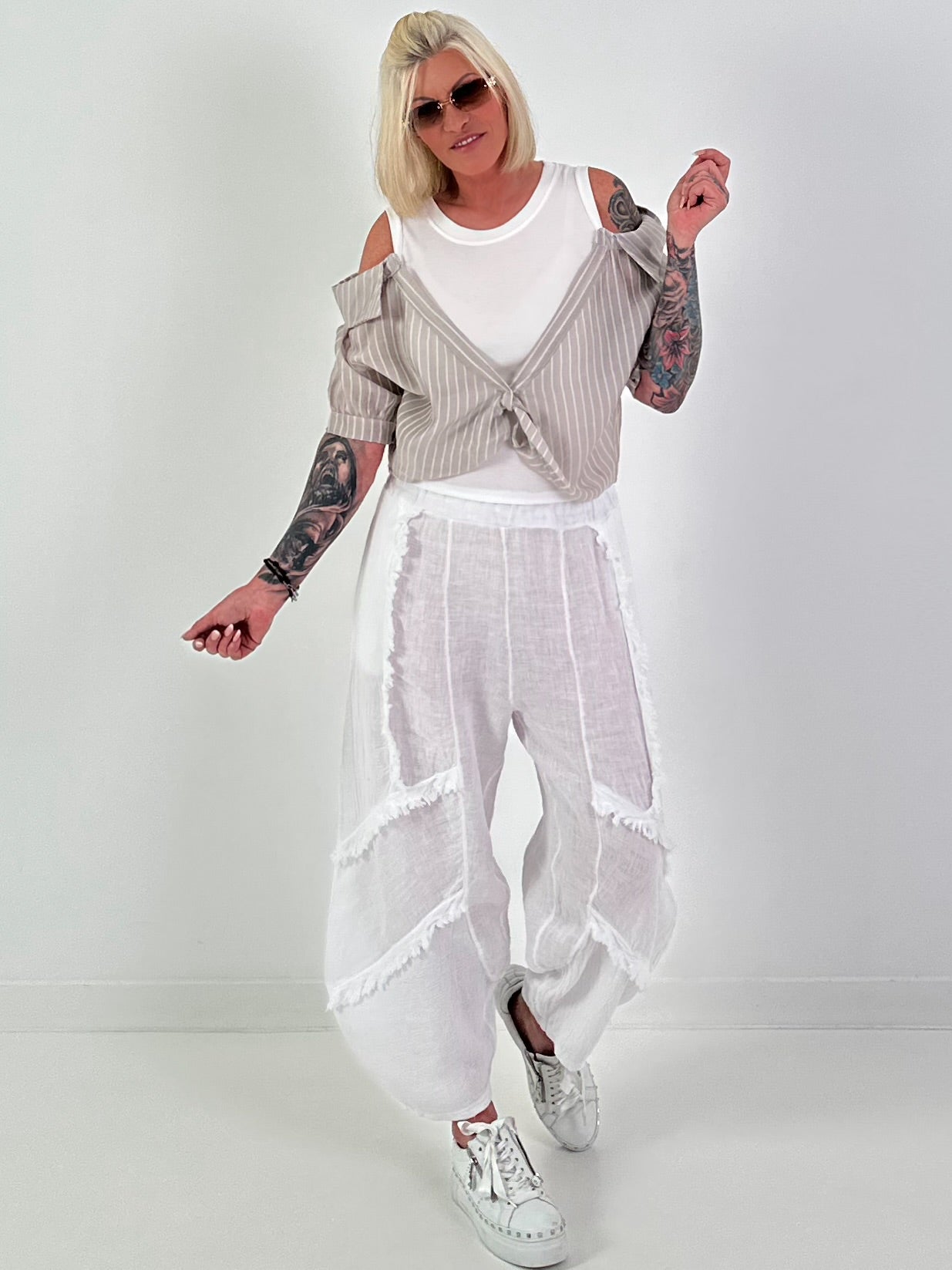 Ballon Leinen Hose mit Fransen Details - weiss