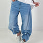 Jeans with gathered snap-button hem - denim
