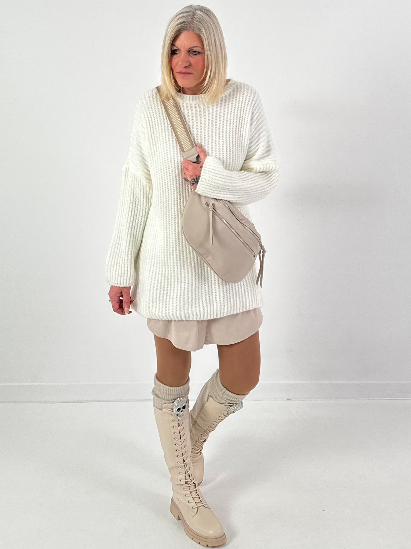 Long sweater model "Rib Relaxe" - ecru