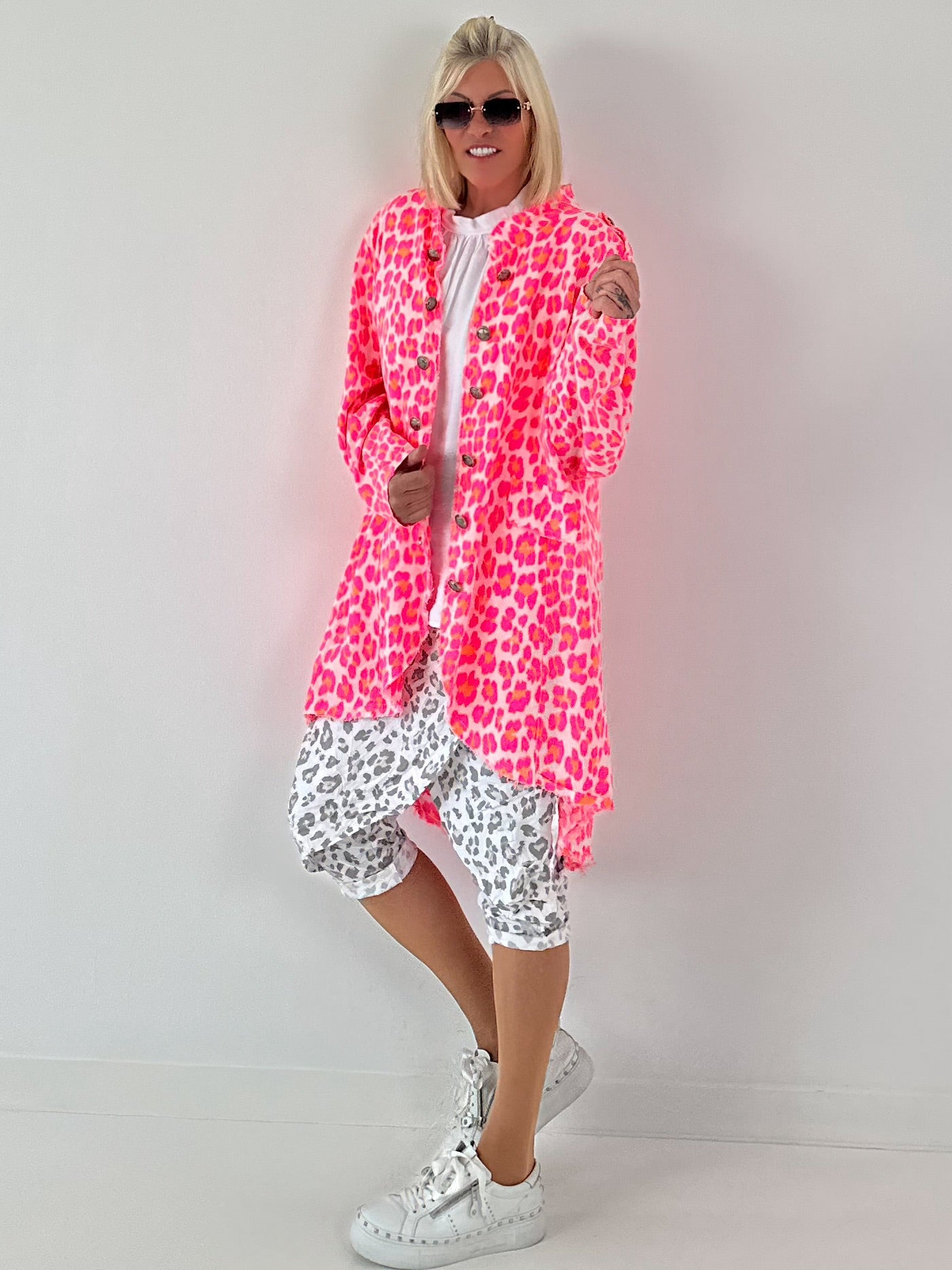 Oversized Leinen-Military Mantel Leo - weiss-neonpink-neonorange