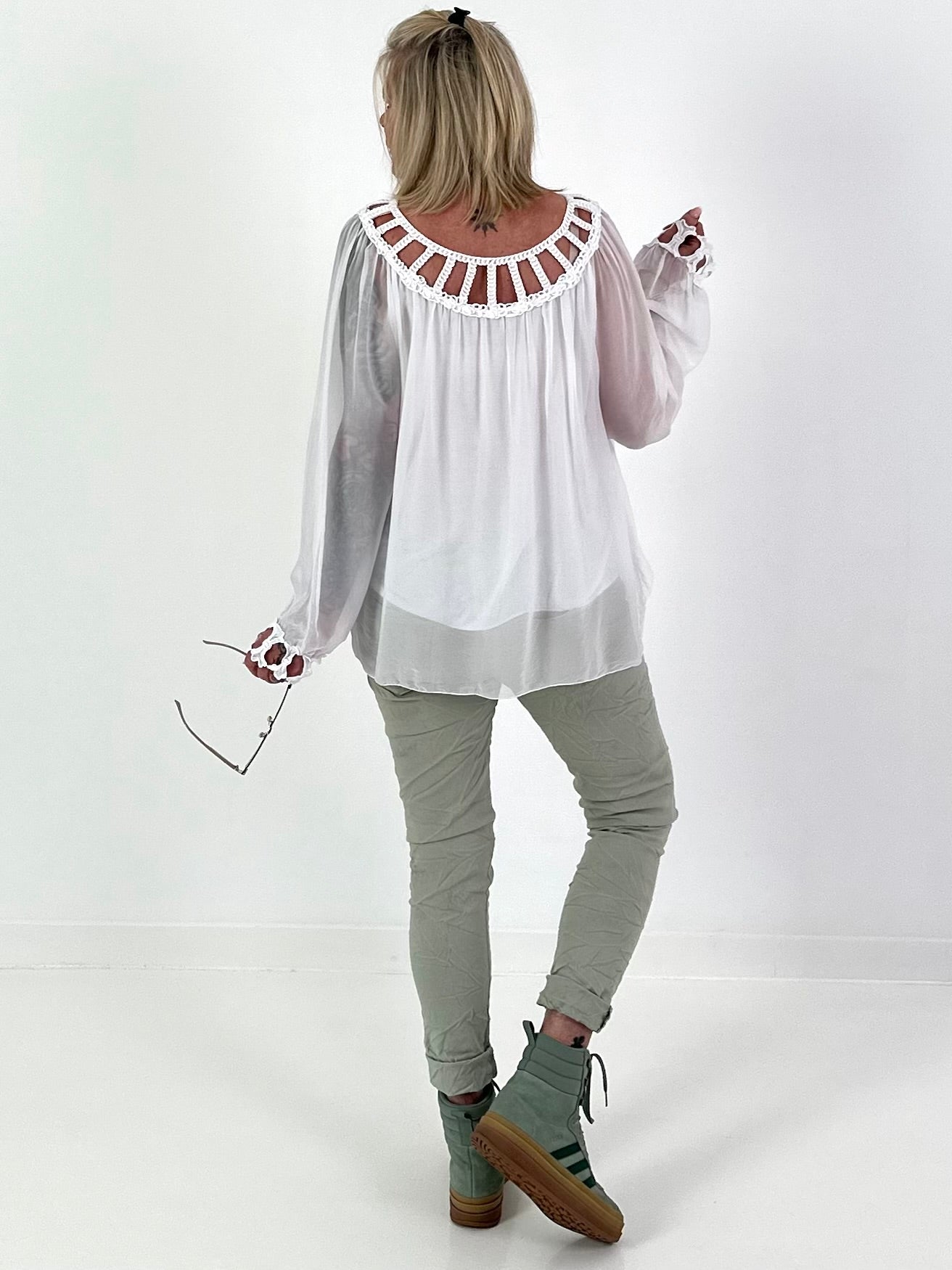 Silk Tunic with Crocheted Neckline - White