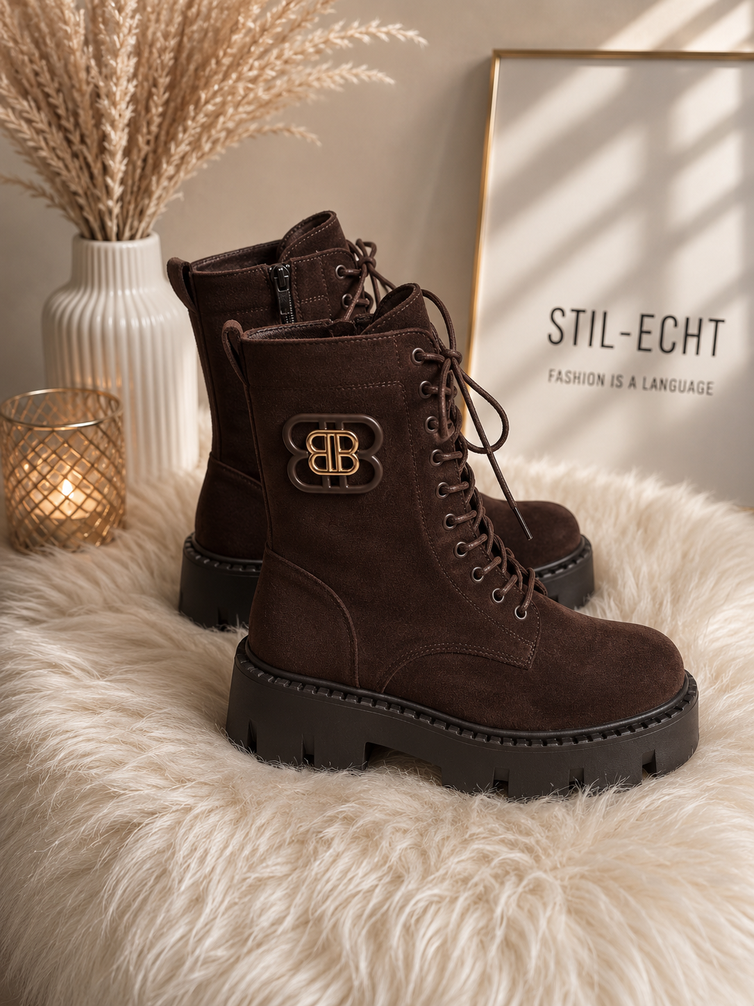 Suede-look ankle boot with chunky sole - chocolate
