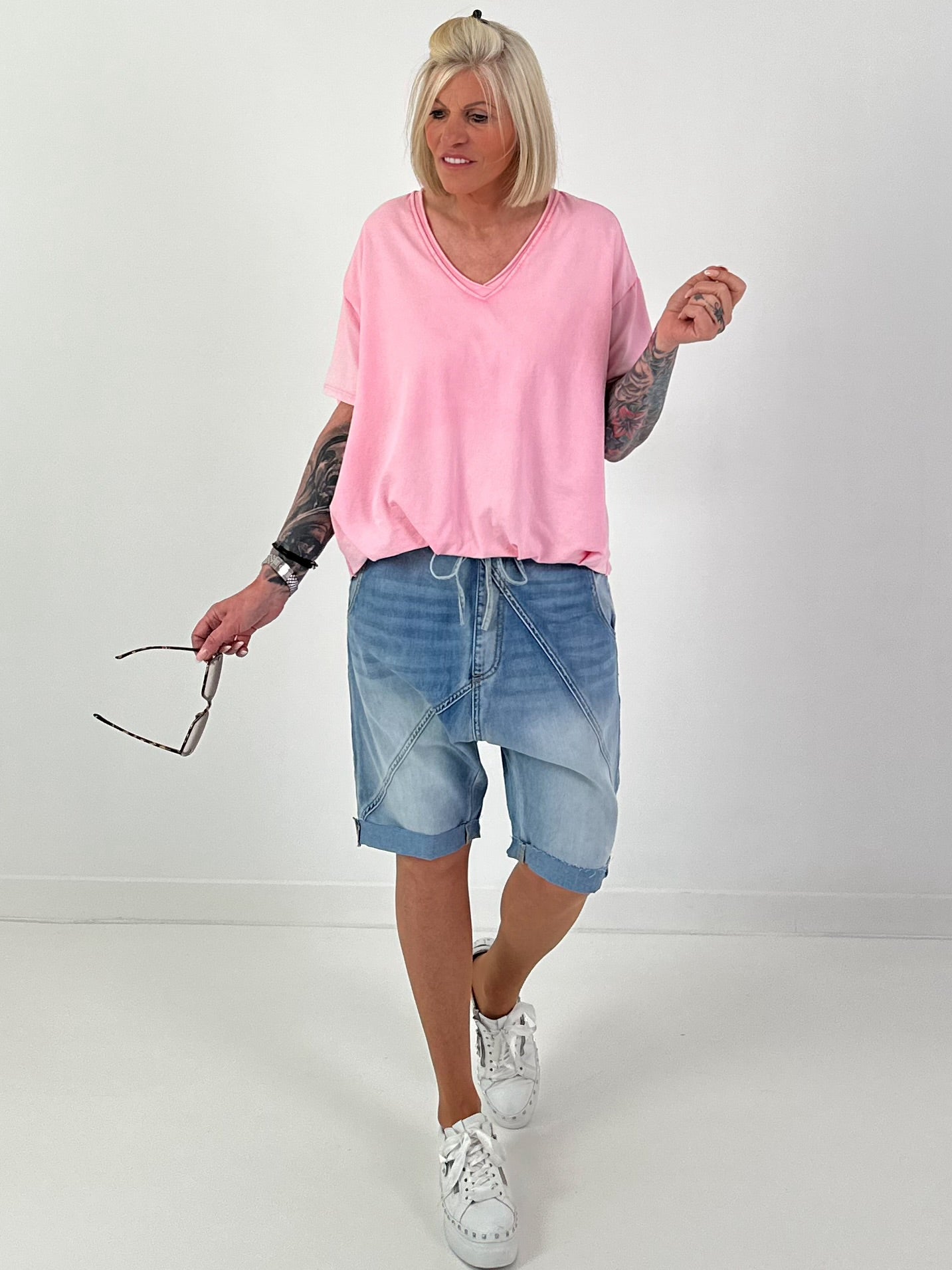 Shirred Hem T-shirt - pink