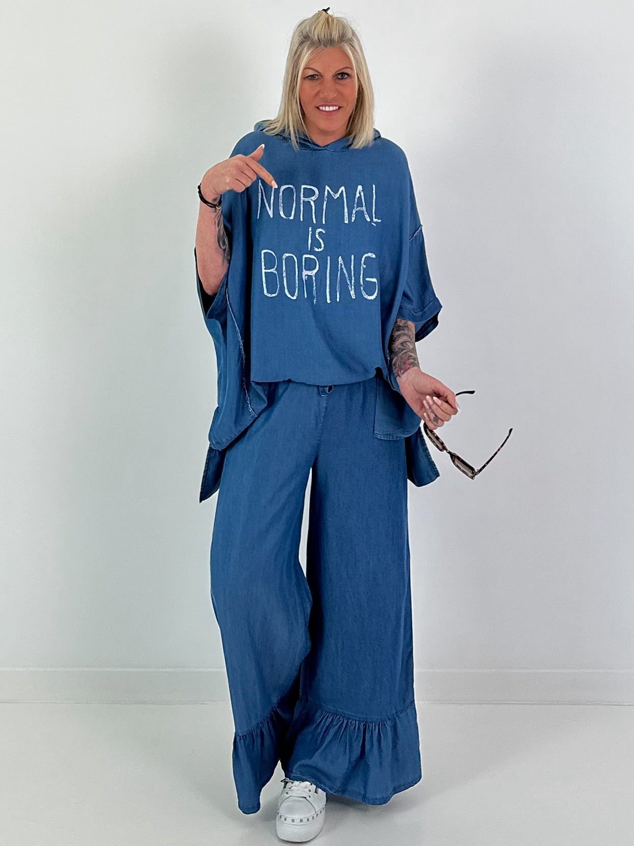 Oversized Hooded Denim Shirt - Dark Blue