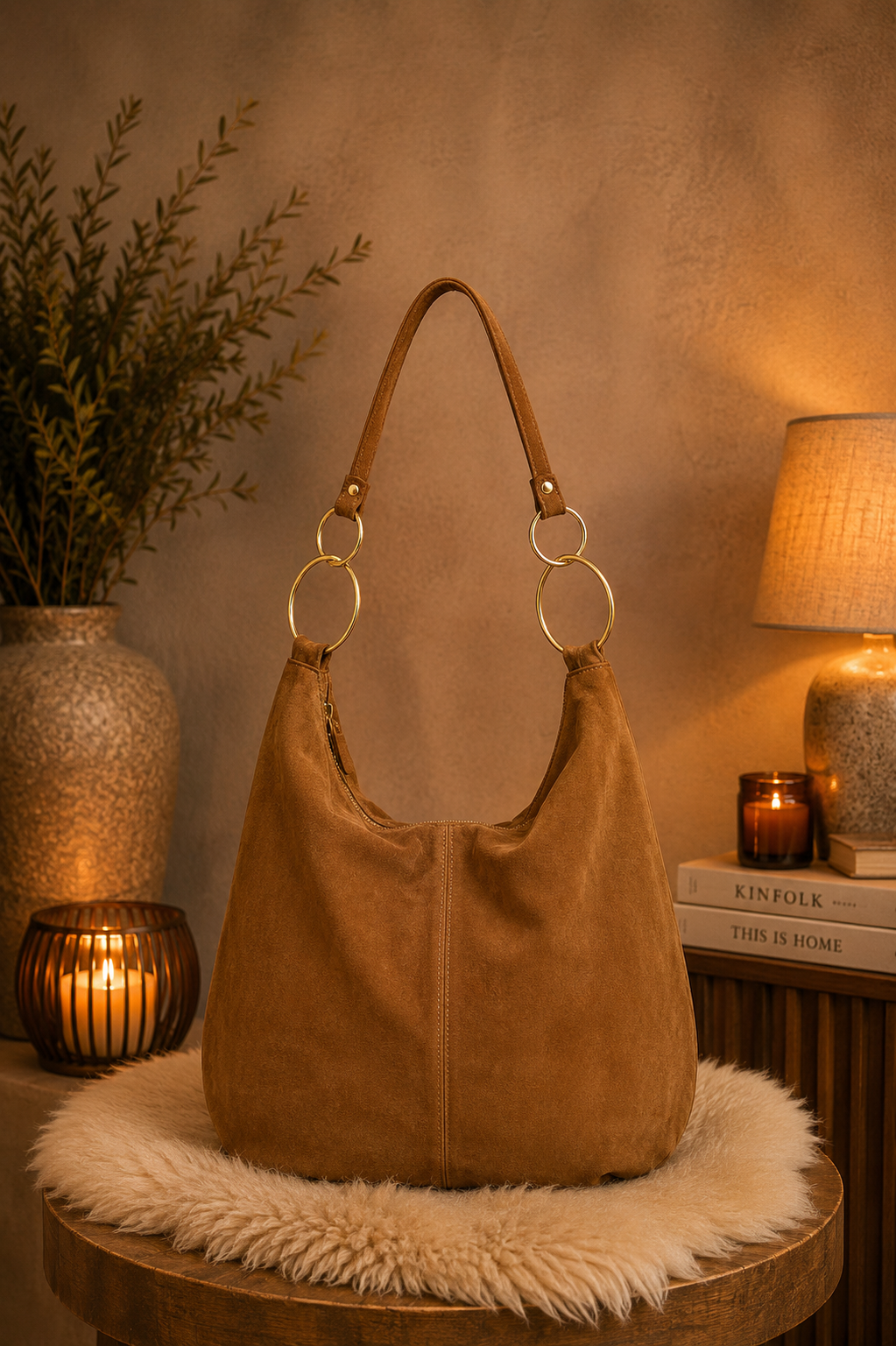 Genuine leather bag with intricate details - camel