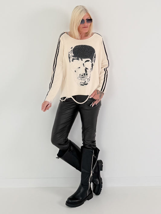 Sweater Skull mit Strassdetails und Cut-Outs - beige