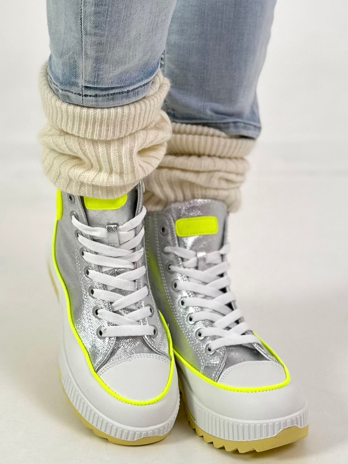High-top sneaker model "Cat Boost" - silver-neon yellow