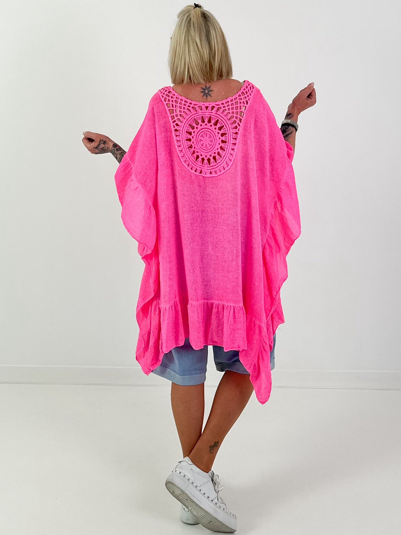 Tunic/Dress with crocheted back - neon pink