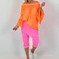 Tunic with gathered round neck and flounce sleeves - neon orange