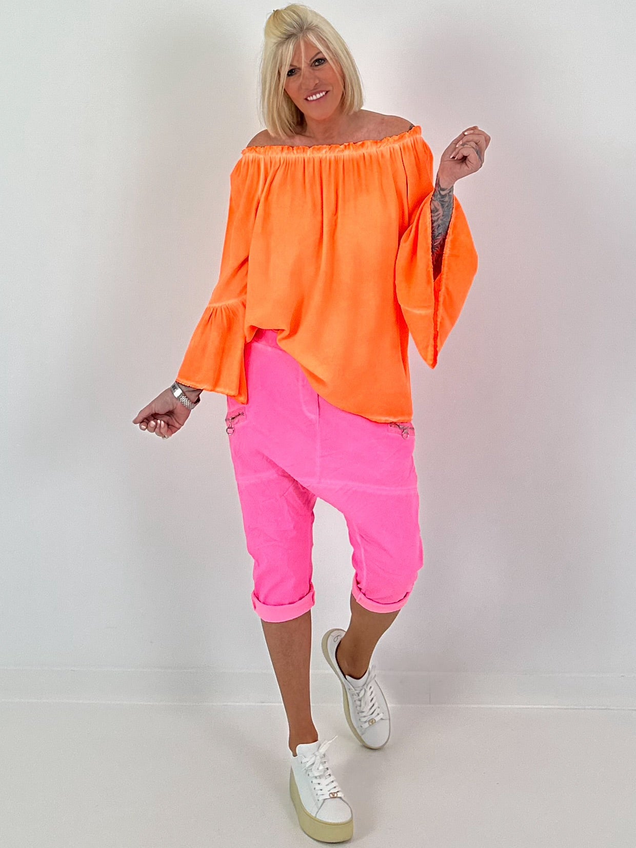 Tunic with gathered round neck and flounce sleeves - neon orange