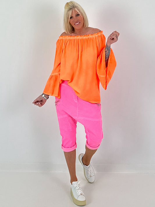 Tunic with gathered round neck and flounce sleeves - neon orange