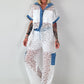 Ausgefallener Zweiteiler mit aufwendigen Denim Details- weiss