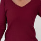 Geribd T-shirt met gerafelde V-hals - bordeauxrood