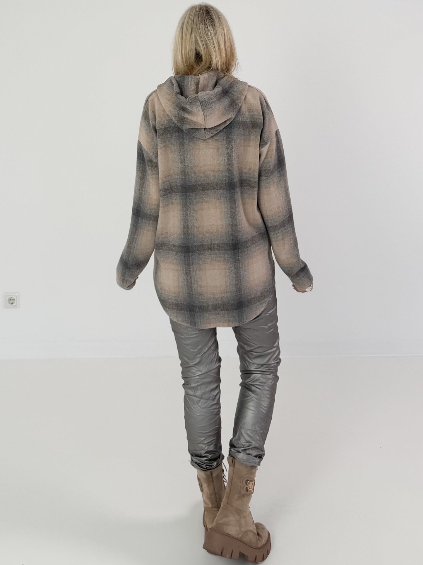 Checked shirt jacket with hood - beige-grey-multi-coloured