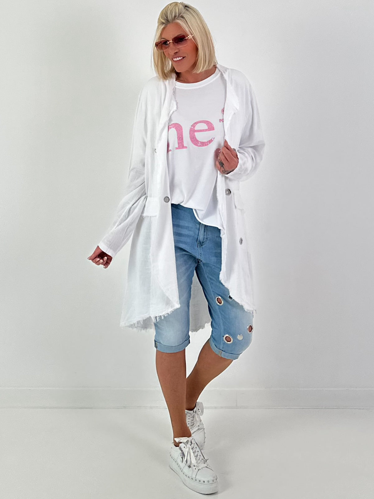 Linen Short Coat with Eyelets - white