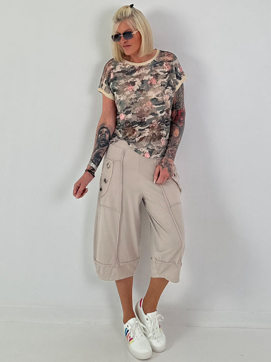 Camouflage Shirt with Lace Inserts - taupe multi-colored