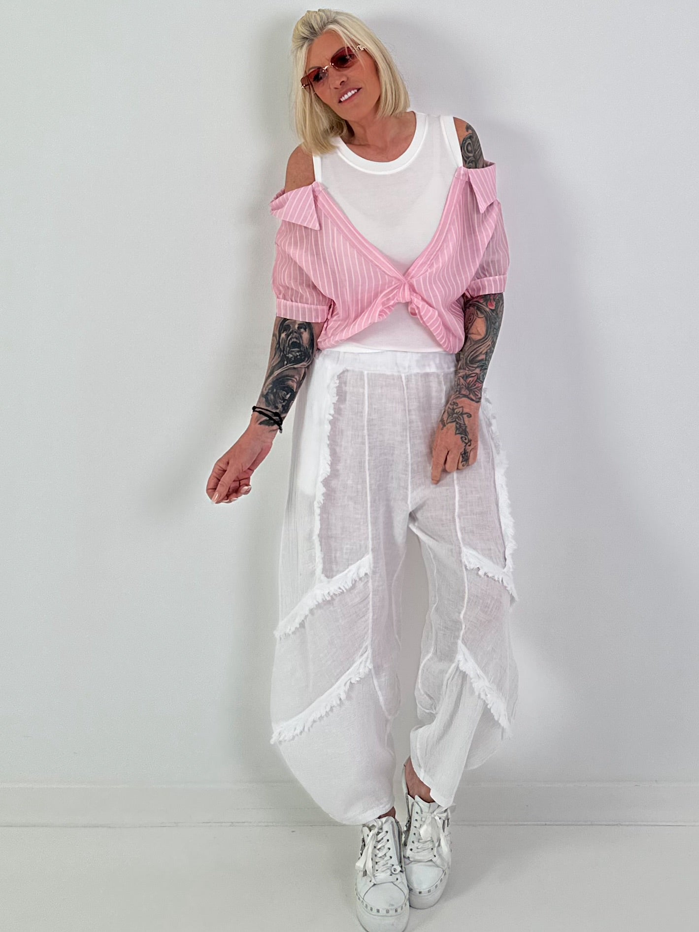 Ribbed Top with Blouse Layering - white-pink