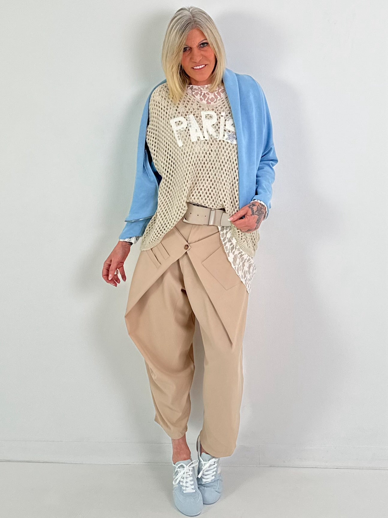 Crochet shirt with print - beige