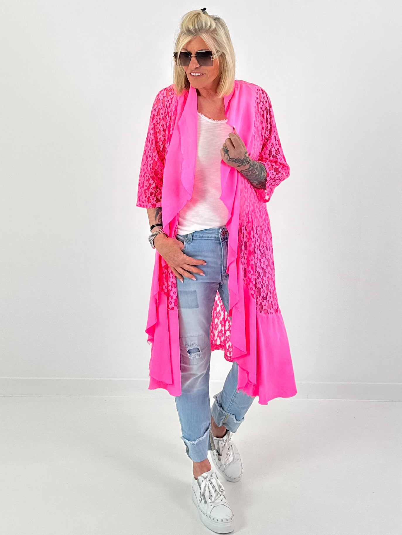 Lace coat in a material mix - neon pink