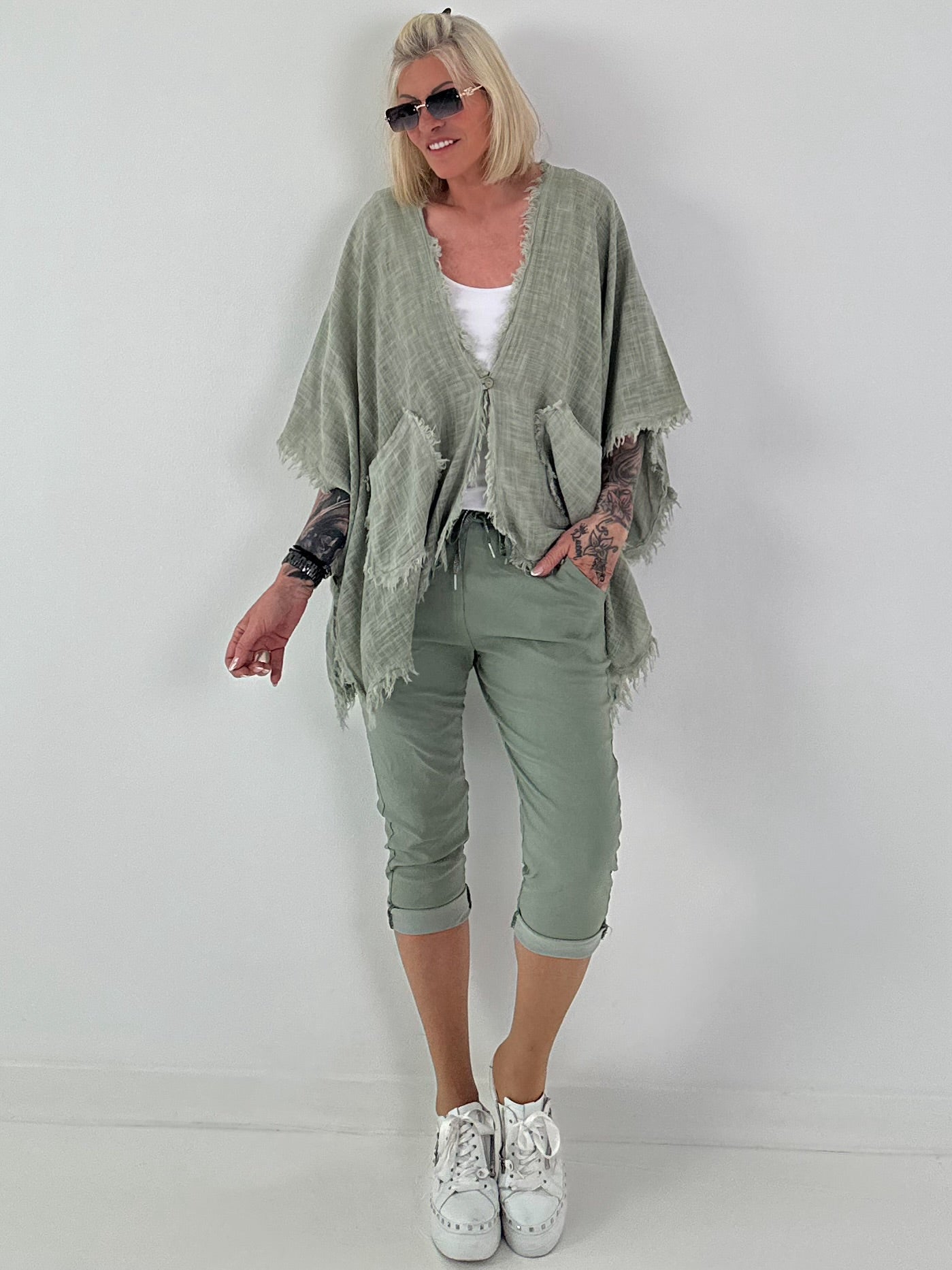 Leinen Poncho Jacke - salbei