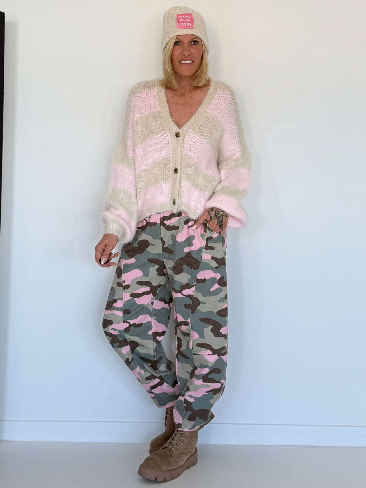 Cozy striped cardigan - beige-rose
