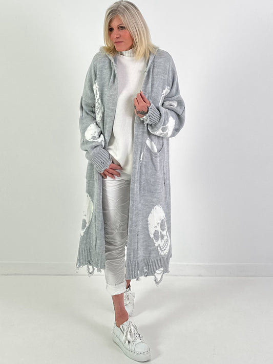 Oversized Strickmantel mit Kapuze Modell "Skull" - grau-weiss