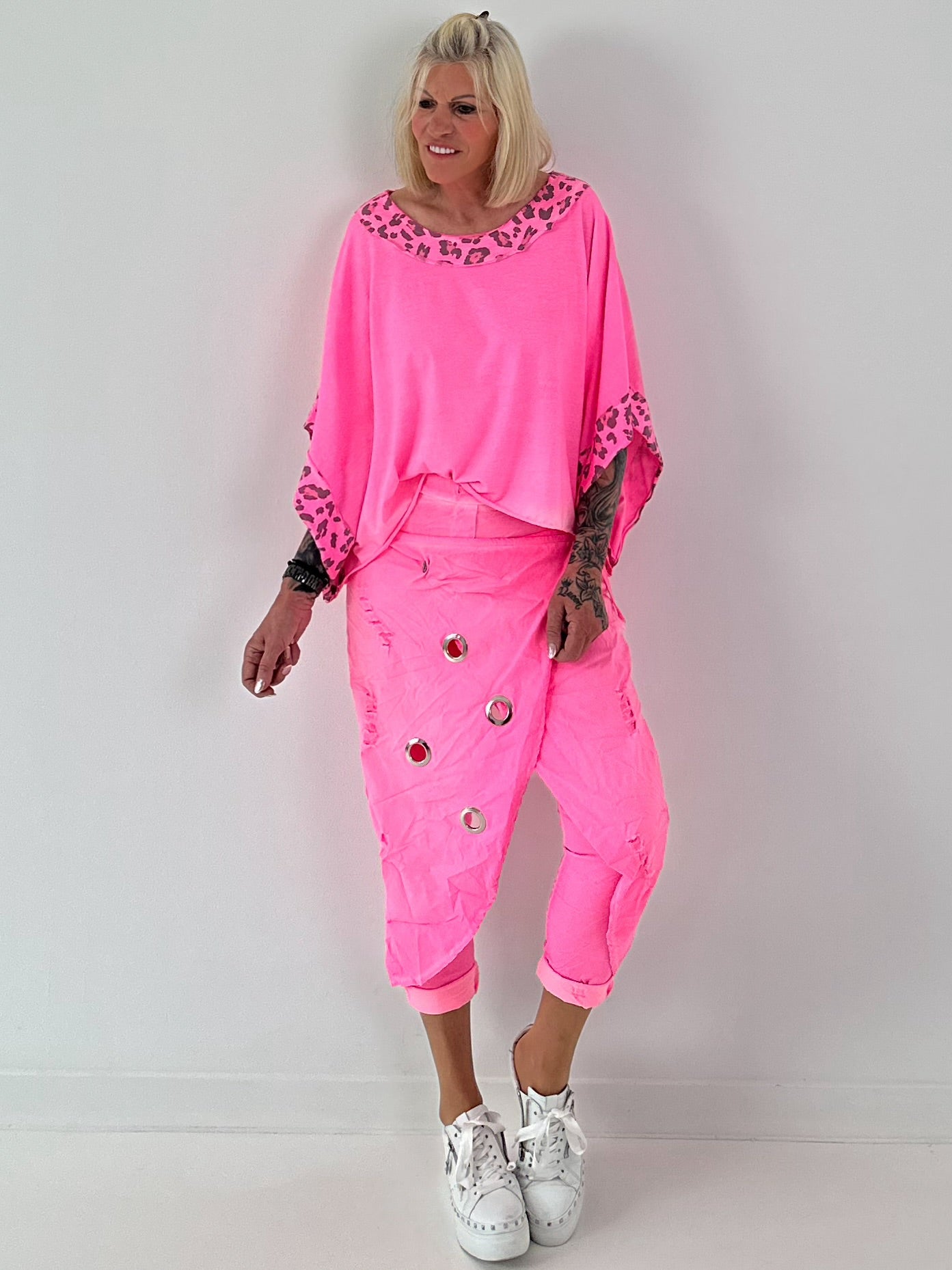 Poncho Shirt mit Leo Print - neonpink