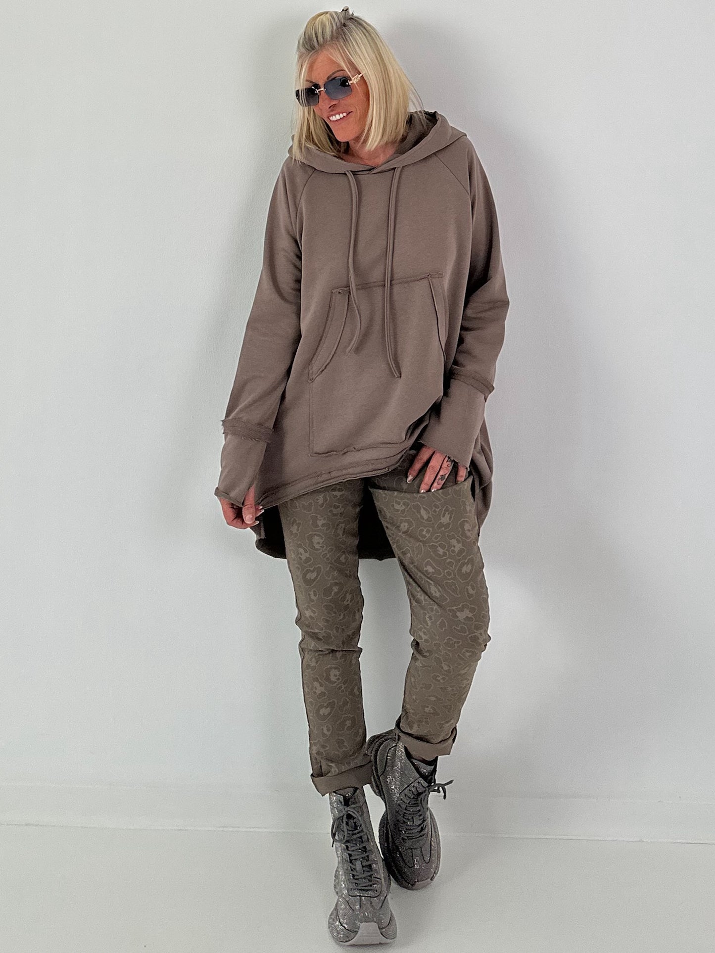 Casual Long Hoodie with Thumb Hole - taupe