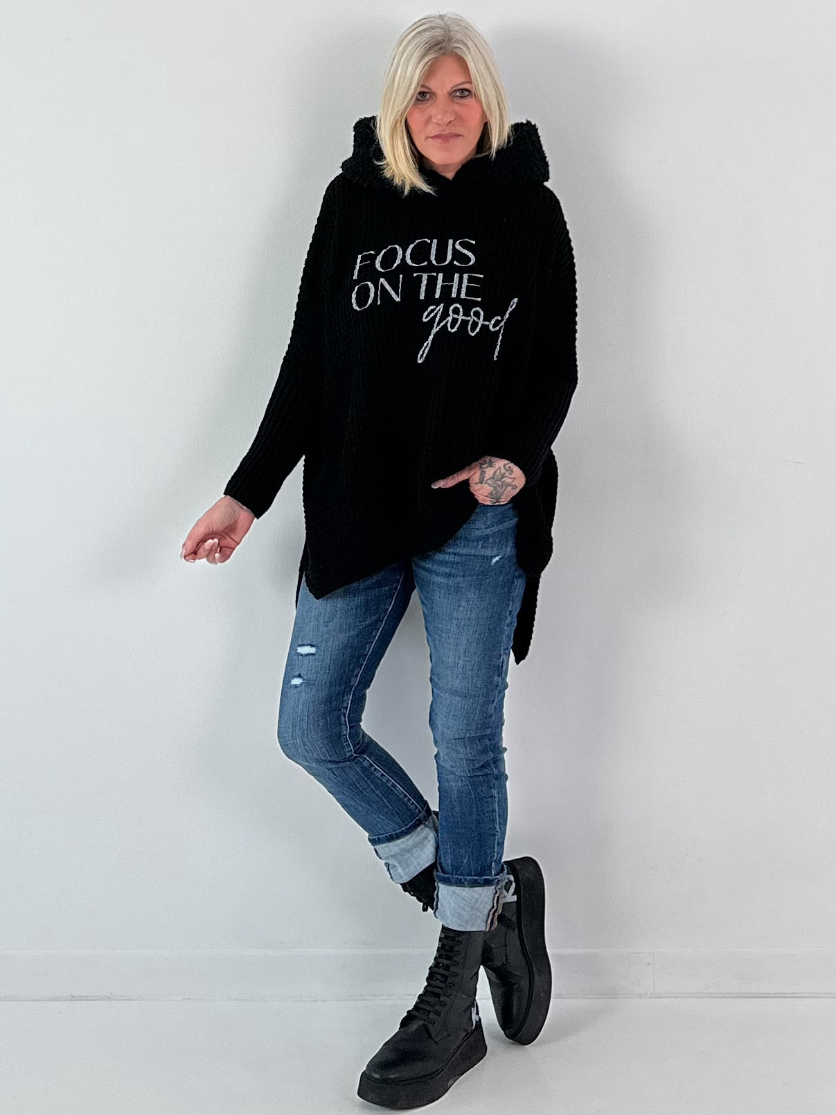 Pullover mit Teddy Kapuze Modell "Good Focus" - schwarz