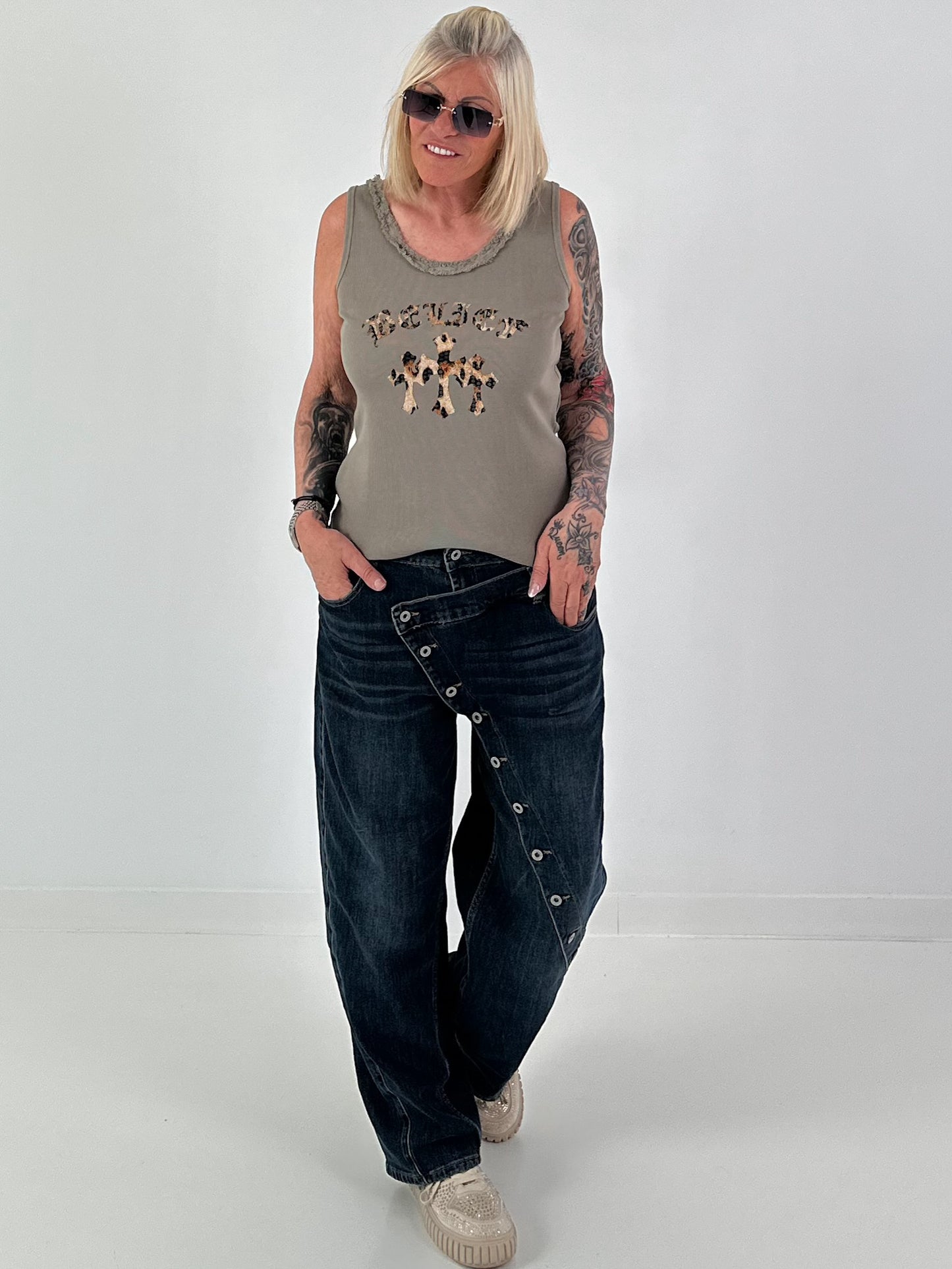 Ripp Tank Top mit Print  - taupe