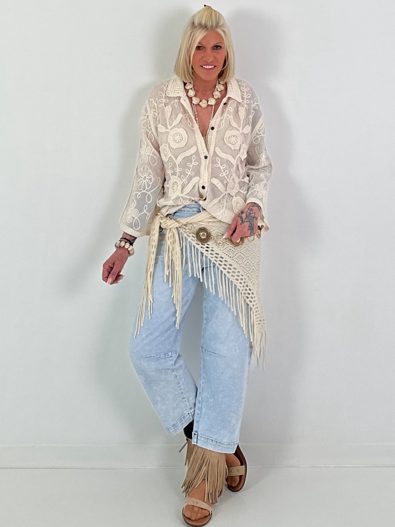 Boho Blouse with Crochet Collar - Beige