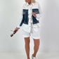 Blouse with denim and rhinestone details - white-blue