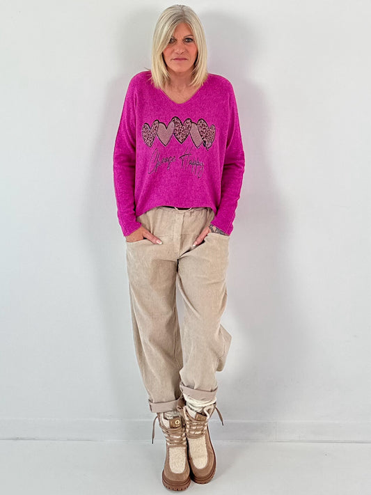 V-hals trui model "Choose Happy" - roze