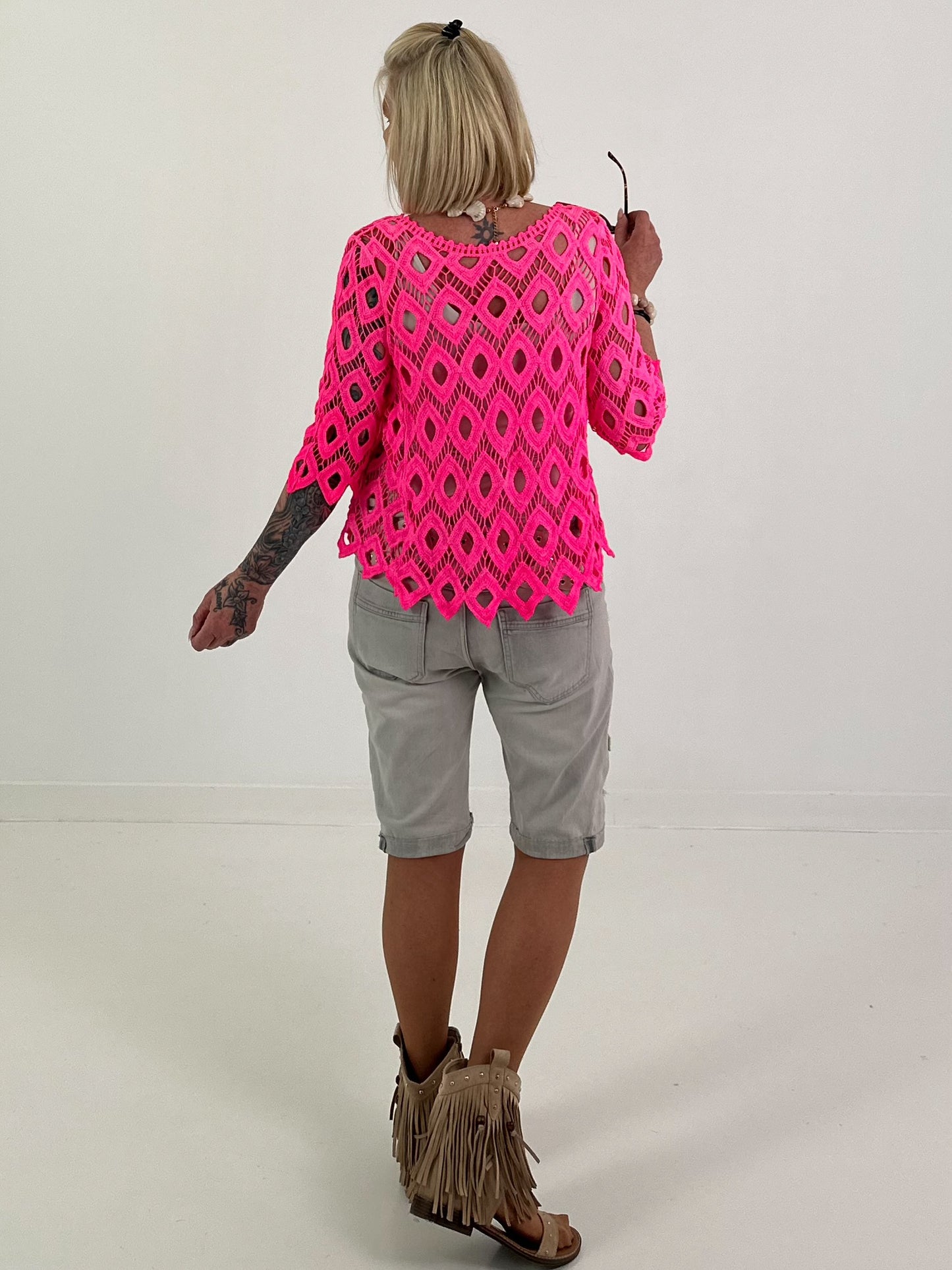 Crochet tie-front cardigan - neon pink