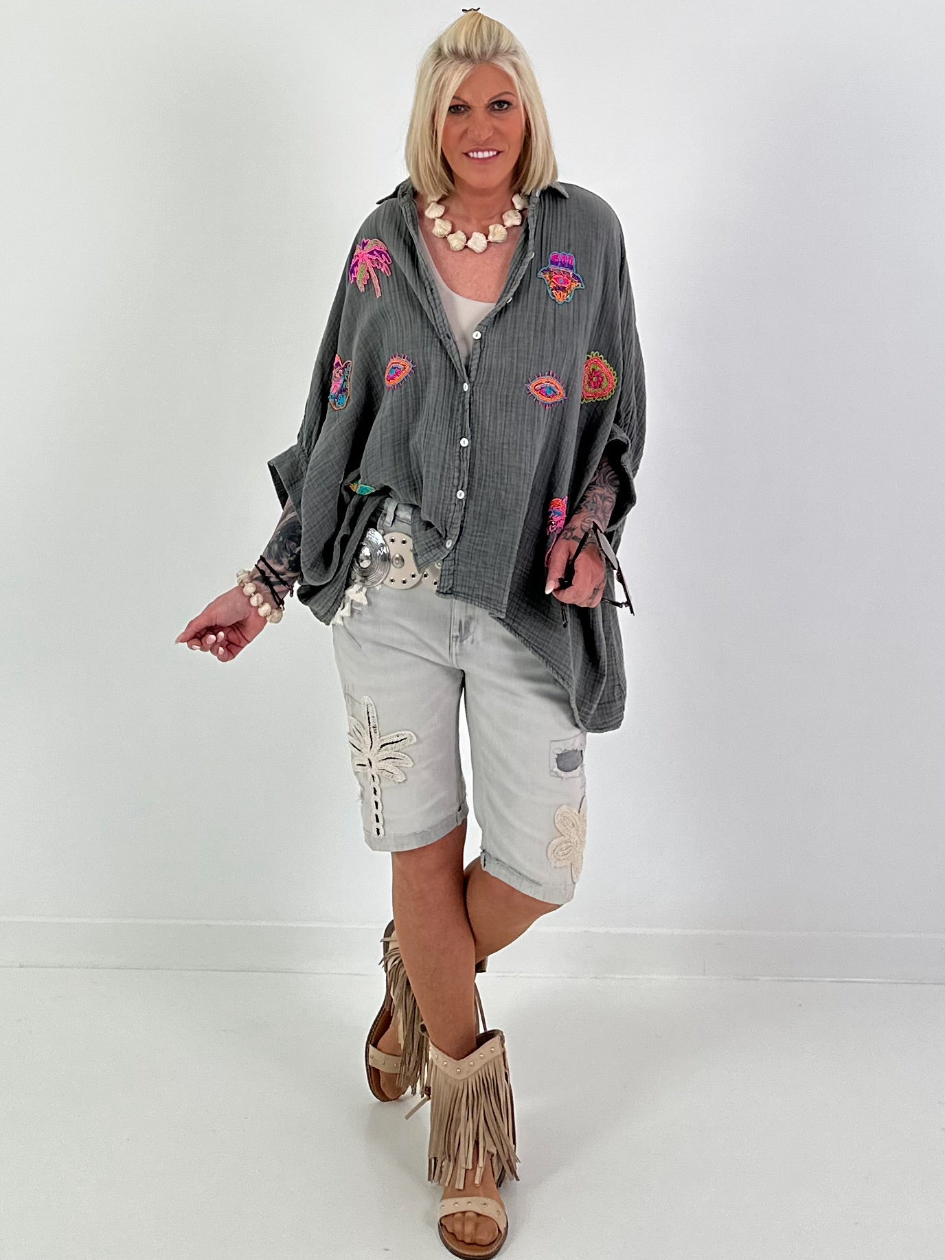 Oversized Muslin Blouse with Colorful Bead Embroidery - Anthracite