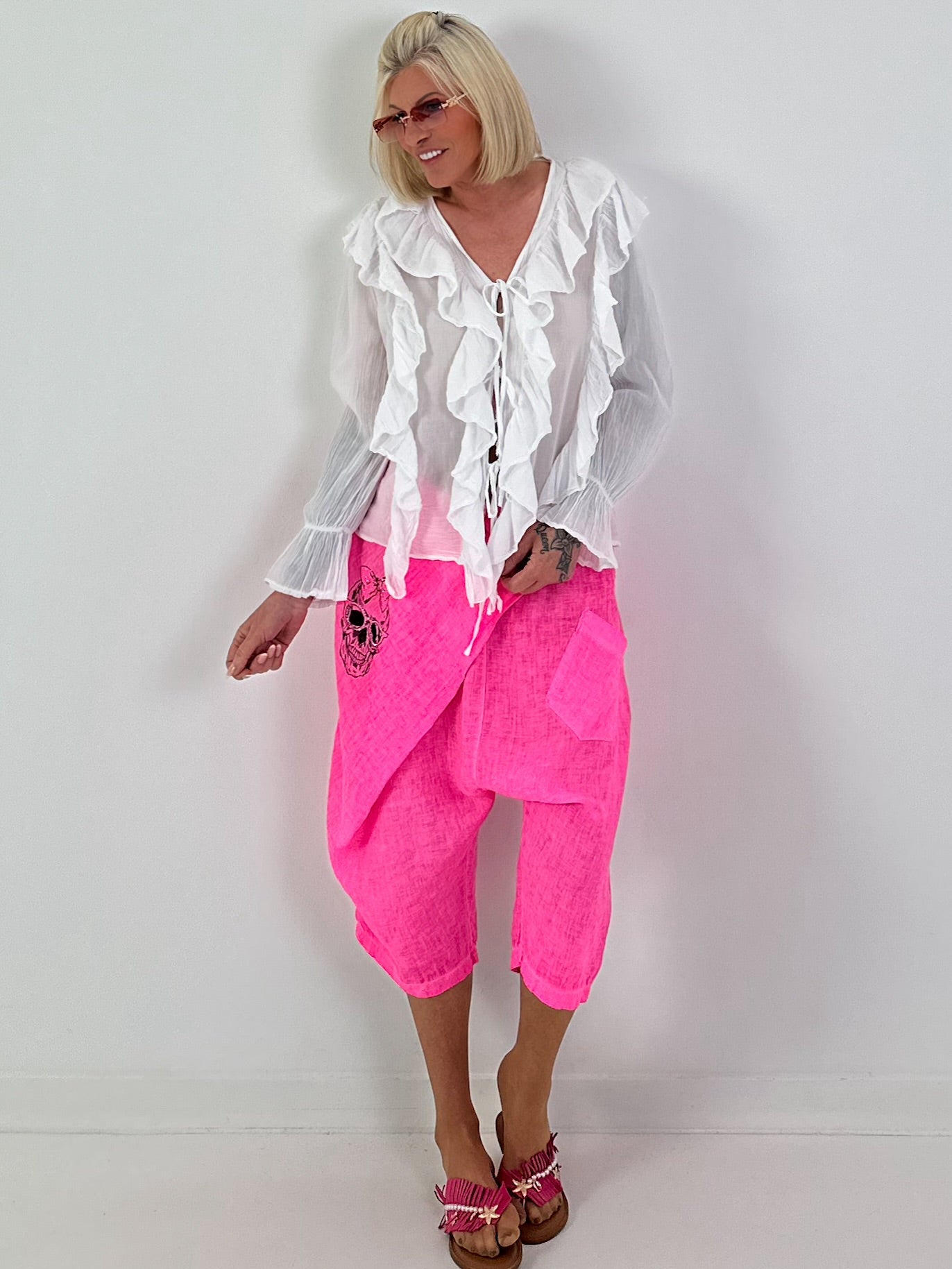 Tunic with Tie and Ruffles - White